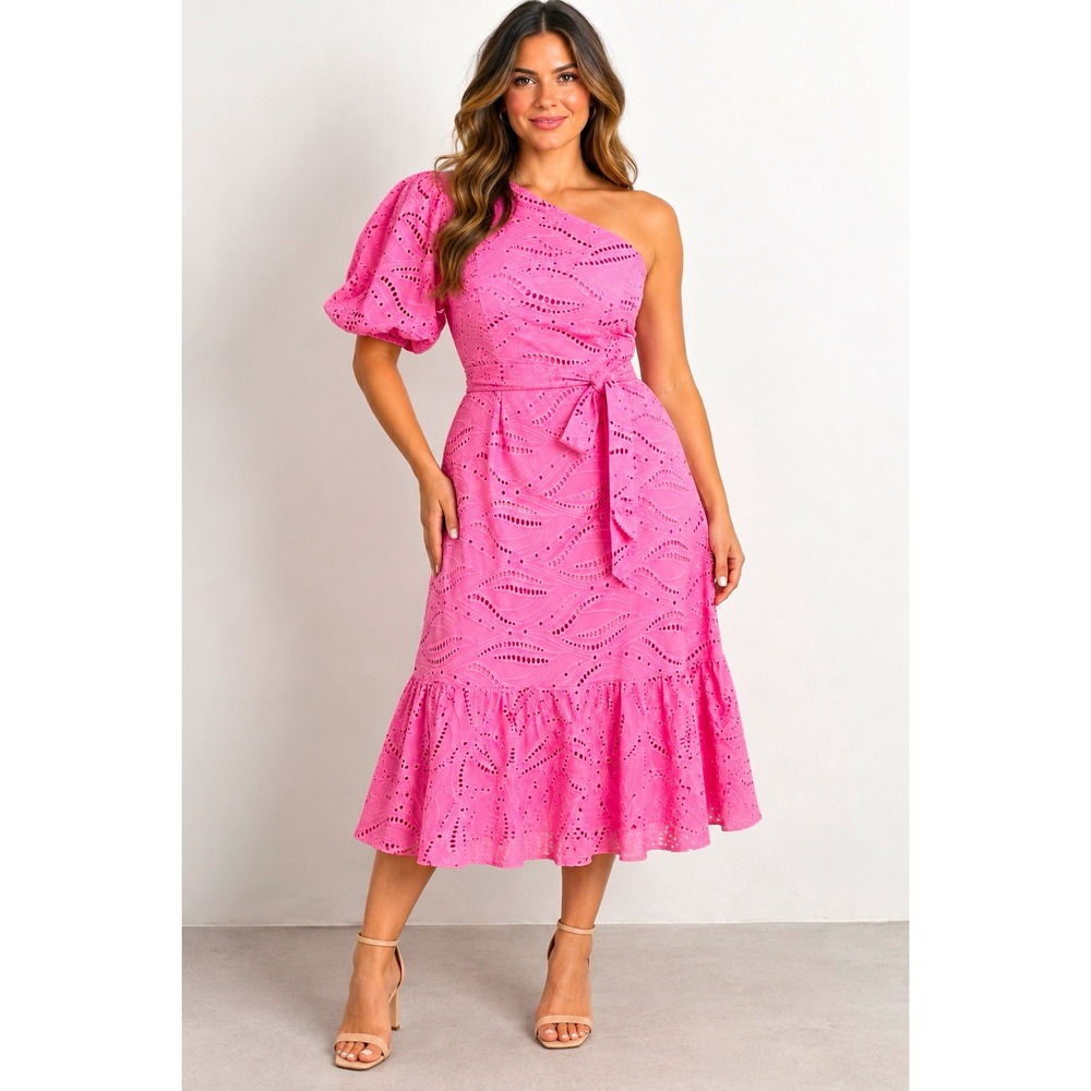 Gibson Latimer Women’s Pink Eyelet One Shoulder Puff Sleeve Midi Dress M